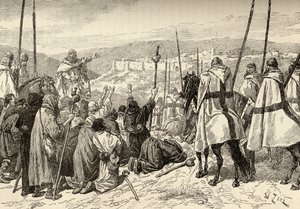 12世紀にエルサレムの前でテンプル騎士団の護衛の下の巡礼者 作： English School